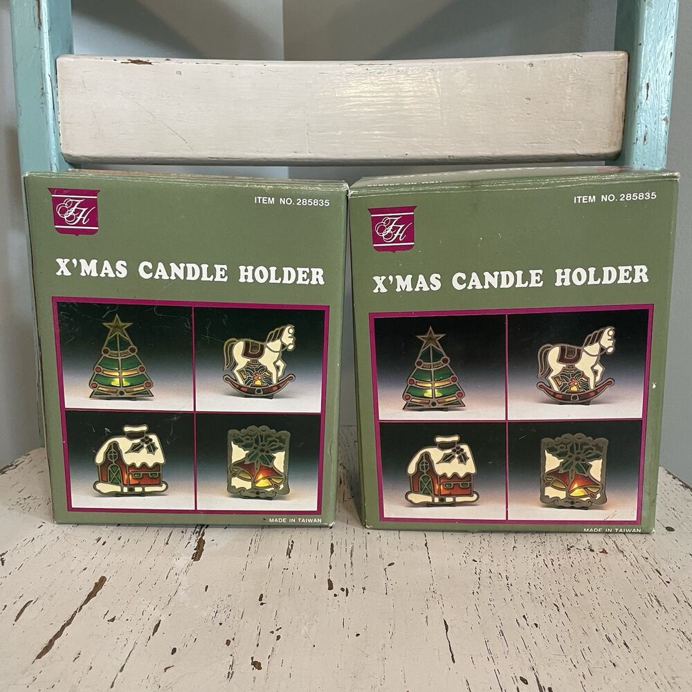 VTG  Stained Glass Christmas Votive Candle‎ Holders Cast Iron Rocking Horse Tree - Picture 8 of 8